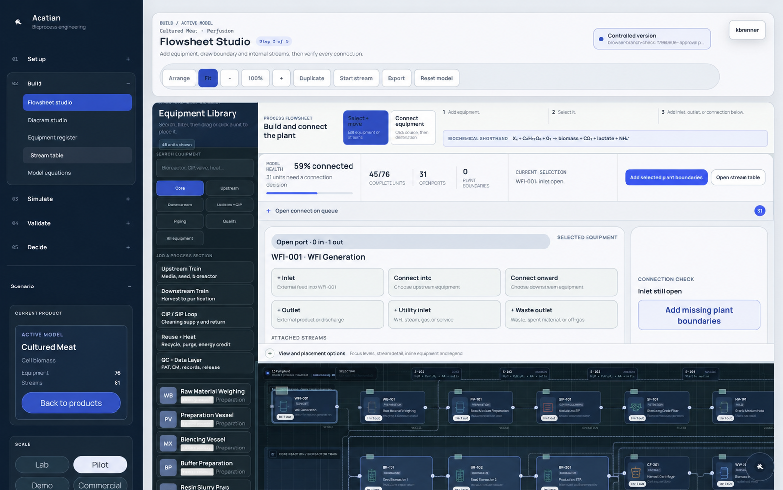 Acatian bioprocess simulation workspace with connected equipment and process streams