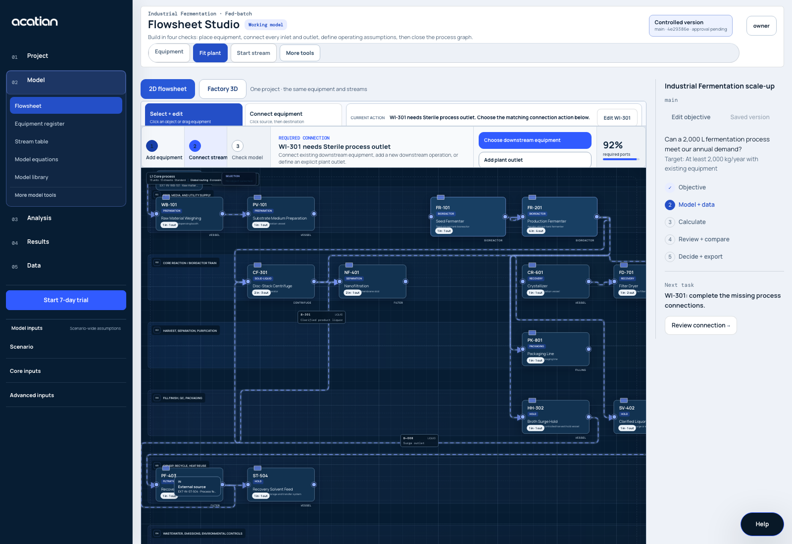 Acatian Flowsheet Studio with equipment, material streams and connection checks