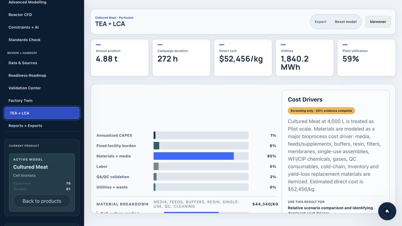 Acatian TEA and LCA workspace with cost and environmental drivers
