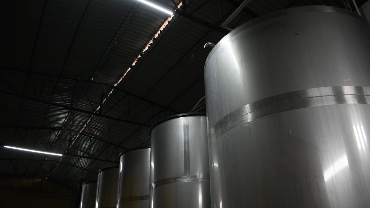 Stainless steel tanks in a beverage production hall