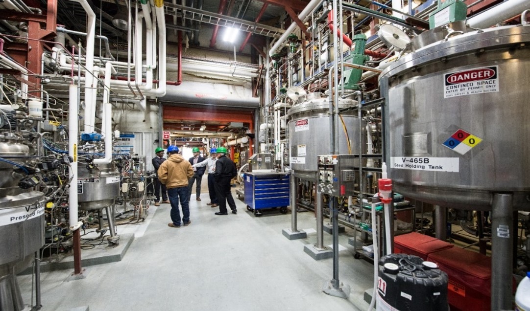 NREL biochemical conversion pilot plant with connected stainless-steel process vessels and utilities