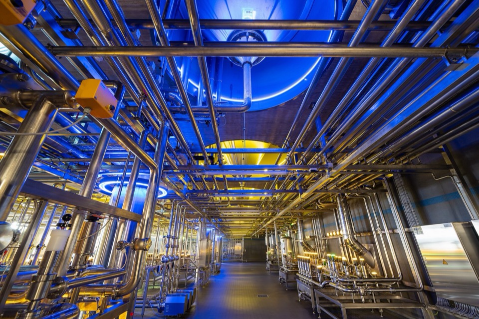 Real large-scale stainless-steel process plant at Weihenstephan with hygienic piping, vessels and production utilities